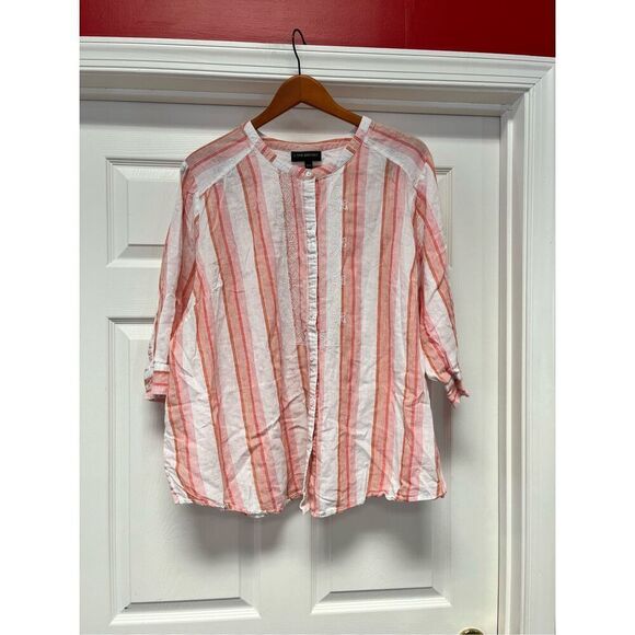 Lane Bryant Linen Peach Pink & White Stripe Embroidered Button Down Collarless S - Picture 1 of 6